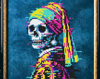 Girl with Pearl Earring Glitch Cross Stitch Pattern Distortion Halloween Xstitch Spooky Gothic Modern Horror Painting Cyberpunk Skull Neon