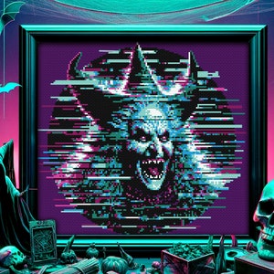 Glitch Witch Cross Stitch Pattern 2 Distortion Halloween Xstitch Skull Spooky Gothic Modern Glitchy Horror Wiccan Cyberpunk Witchy UV Neon