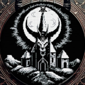 Church of Satan Cross Stitch Pattern Witchy Skull  Xstitch Spooky Gift for Halloween Cross Stitch Chart Modern Dark Horror Woodcut Devil PDF