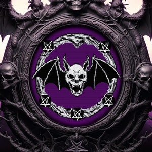 Woodcut Bat Cross Stitch Pattern Witchy Bat Skull  Xstitch Spooky Gift for Halloween Cross Stitch Chart Modern Dark Horror Counted Vampire