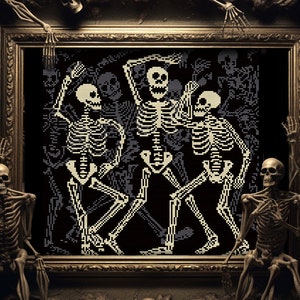 May include: A framed artwork featuring a pixelated design of dancing skeletons in white against a black background. The frame is ornate, with additional skeleton figures and skulls. The overall aesthetic is gothic and Halloween-themed.