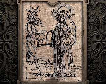 Devil and Saint Cross Stitch Pattern, Woodcut Medieval Blackwork (PDF)