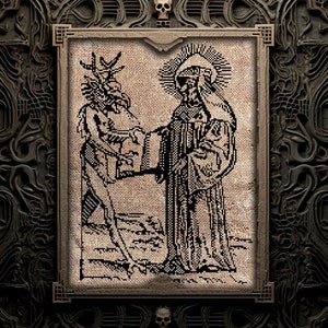 Devil and Saint Cross Stitch Pattern Witchy Xstitch Spooky Gift for Halloween Blackwork Chart Modern Dark Occult Horror Medieval Woodcut PDF