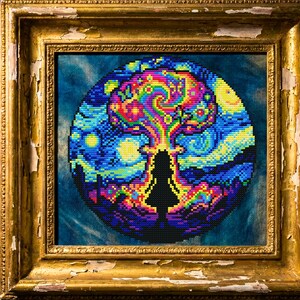 May include: Cross-stitch artwork in a gold, distressed frame. The image features a vibrant, swirling design in a circular shape, set against a dark blue backdrop. The design includes a silhouette of a person. The frame is made of wood.