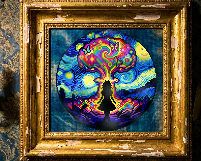 May include: Cross-stitch artwork in a gold, distressed frame. The image features a vibrant, swirling design in a circular shape, set against a dark blue backdrop. The design includes a silhouette of a person. The frame is made of wood.