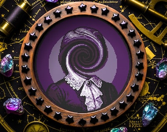 May include: A framed cross-stitch artwork featuring a figure with a swirling vortex replacing the face. The figure wears a high-collared shirt with a white lace trim. The frame is wood with black star accents. The background is a dark celestial map.