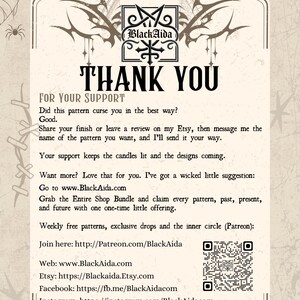 May include: A tan-coloured promotional graphic with the text "THANK YOU" in large, bold letters. The graphic includes the BlackAida logo, website, and social media links, along with a QR code and bat illustrations. The overall theme is gothic and witchy.