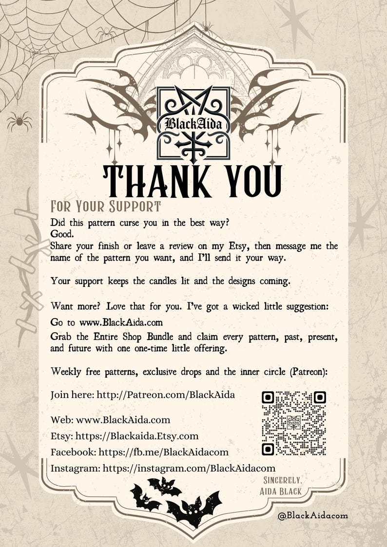 May include: A tan-coloured promotional graphic with the text "THANK YOU" in large, bold letters. The graphic includes the BlackAida logo, website, and social media links, along with a QR code and bat illustrations. The overall theme is gothic and witchy.