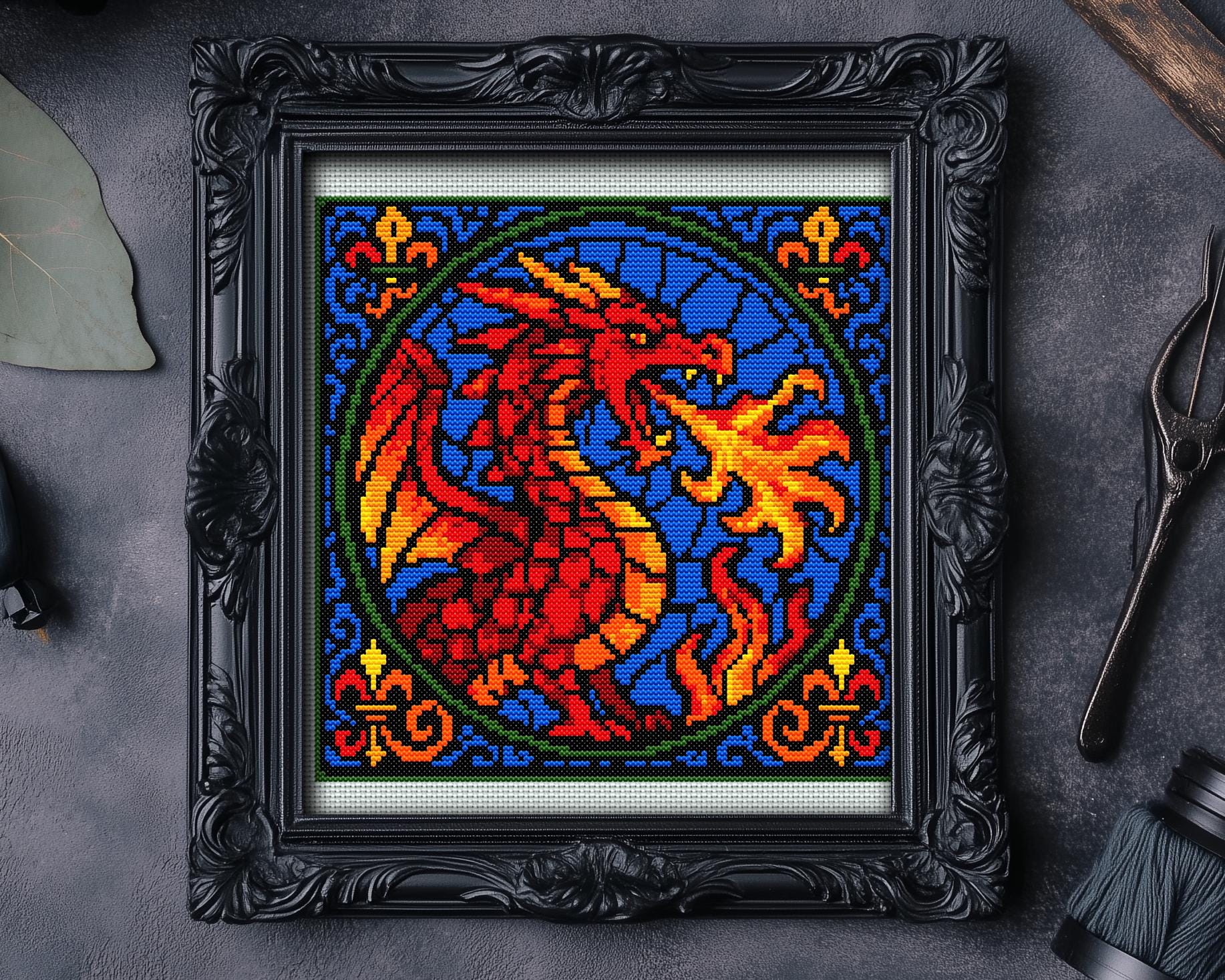 Stained Glass Fire Dragon Cross Stitch Pattern Fantasy Gift for ...