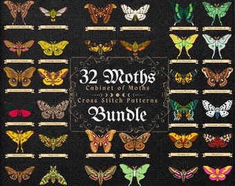 Pode incluir: Um conjunto de 32 padrões de ponto cruz de mariposas. A imagem apresenta vários desenhos coloridos de mariposas, cada um com uma etiqueta de nome. O texto diz "32 Moths Cabinet of Moths Cross Stitch Patterns Bundle."