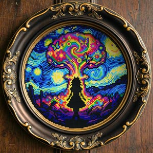 May include: A framed cross-stitch artwork depicting a girl's silhouette with a vibrant, swirling design above. The design uses blues, yellows, greens, and reds, creating a psychedelic effect. The black frame has gold detailing.