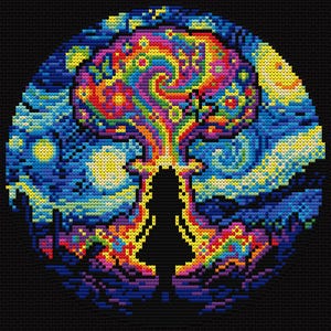 May include: A cross-stitch design showing a person's silhouette with a vibrant rainbow explosion above. The background is a starry night scene in blues, yellows, and whites. The design is set against a black background, creating a striking contrast.