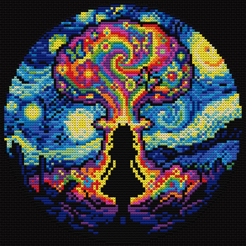 May include: A cross-stitch design showing a person's silhouette with a vibrant rainbow explosion above. The background is a starry night scene in blues, yellows, and whites. The design is set against a black background, creating a striking contrast.