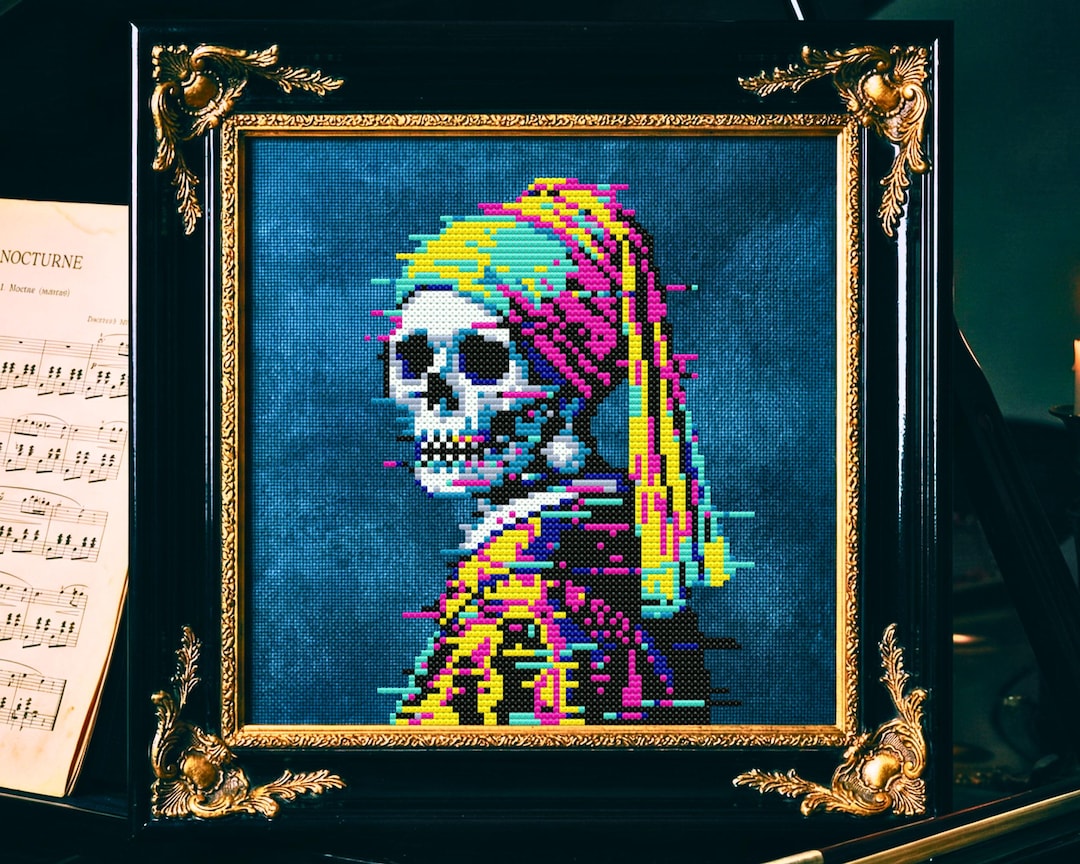 Distorted Horror Pattern Girl With Pearl Earring Glitch Cross Stitch Pattern Distortion ...