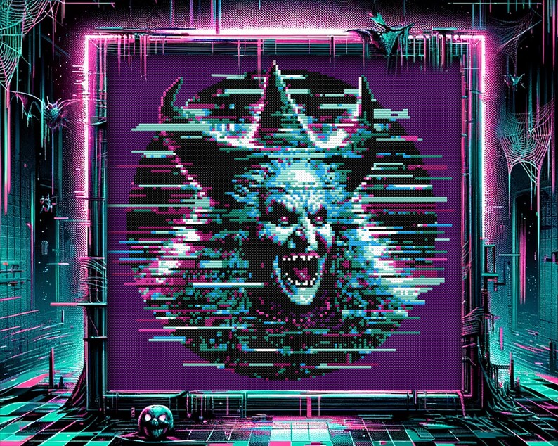 Distorted Horror Pattern Glitch Witch Cross Stitch Pattern 2 Distortion Halloween Xstitch Skull ...