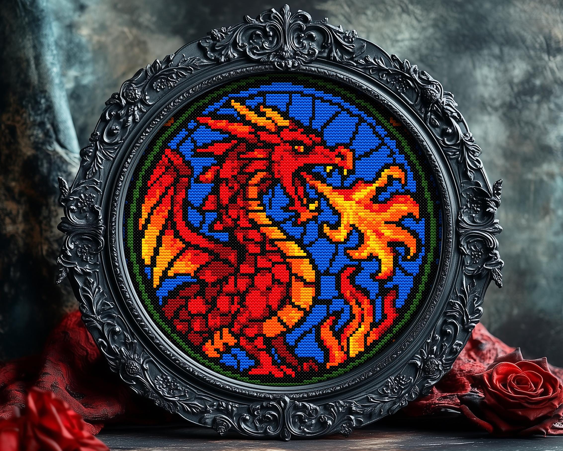 Stained Glass Fire Dragon Cross Stitch Pattern Fantasy Gift for ...