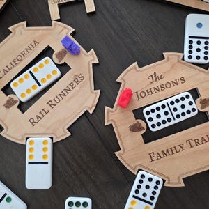 Personalized Mexican Train Hub Set 8 player: Wooden Domino Organizer, Game Night Gift. Family games, dominoes, custom games, custom gift
