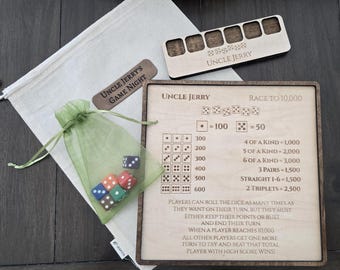 Personalized Farkle Scoreboard Set | Wooden 10000 Dice Game Board | Custom Family Game Night Gift | Engraved Maple Dice Holder Tray