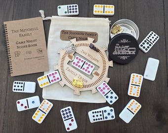 Personalized Mexican Train Domino Hub Set, Engraved Wood, Custom Family Name, Game Night Gift up to 10 player