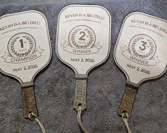 Personalized Pickleball Trophy Set | Engraved Wood Paddle Award | Custom Tournament Prizes | Hanging Family Game Gift