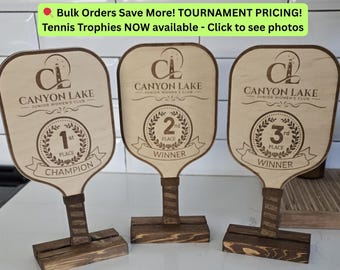 Personalized Premium Wood Pickleball Trophy Bulk Set, Custom Tennis Round Robbin Tournament Awards, 1st, 2nd, 3rd place trophies.
