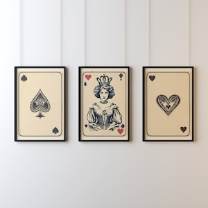 Set of 3 Playing Cards | Queen of hearts | Vintage Cards | Retro | Wall art | House Décor | Digital Images Download