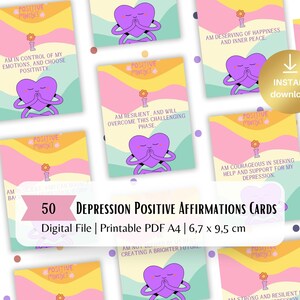 50 cartões de afirmação positiva para terapia de depressão, 50 cartões digitais imprimíveis, amor próprio e saúde mental, presente para depressão