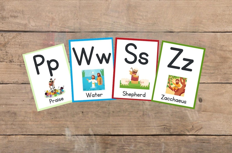 May include: Five colorful flashcards with uppercase and lowercase letters, each with a corresponding image and word. The letters are P, W, S, and Z. The words are Praise, Water, Shepherd, and Zacchaeus.