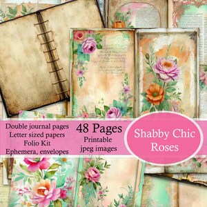 Kit di pagine di diario spazzatura Shabby Chic Roses, carte stampabili in stile vintage, bordi usurati, carta riciclata, pagine di album, Ephemera, kit Folio