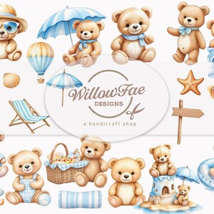 Adorabile orsacchiotto al set di clipart da spiaggia / Baby Boy Blue / Download digitale / Arredamento della scuola materna / Inviti / Scrapbook / Orso del costume da bagno
