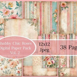 Shabby Chic Roses Digital Paper Pack Vol 2, carte in stile vintage, bordi usurati, carta riciclata, carta di sfondo, diario digitale, album di ritagli