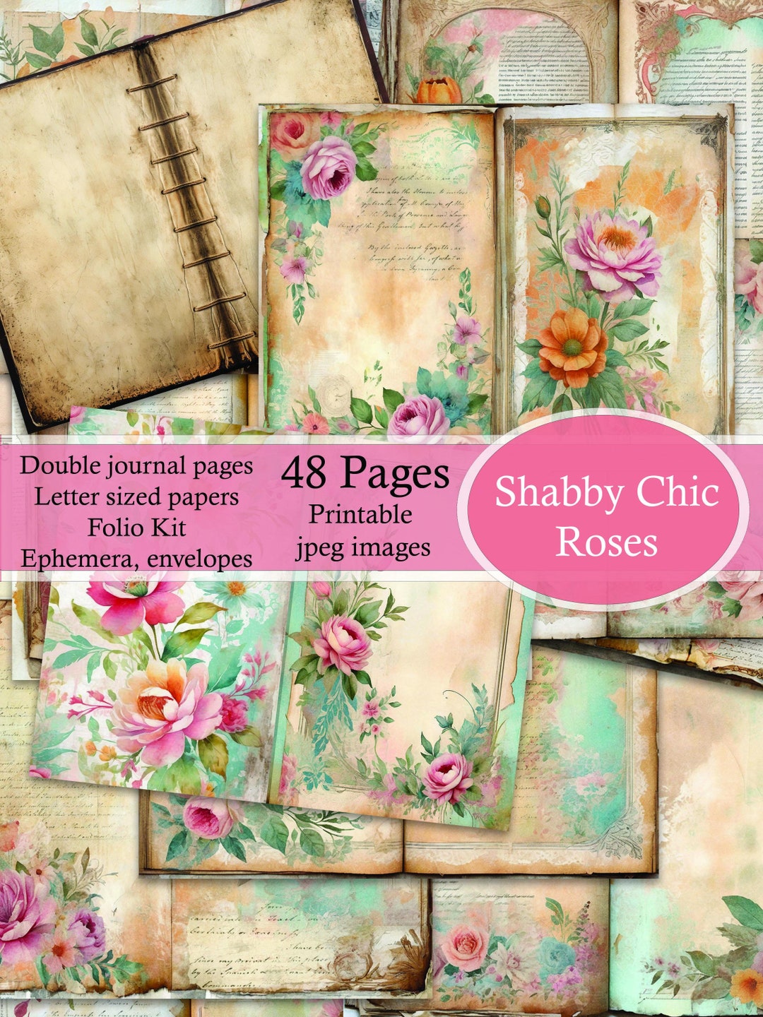 Shabby Chic Roses Junk Journal Page Kit, Printable Vintage Style Papers ...