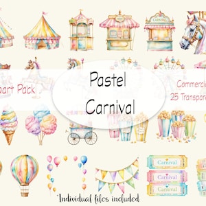 Pastel Carnival Clipart Pack | Gráficos fofos de carnaval | Download digital | Adesivo de planejador | PNG | Carrossel | Roda gigante | Aquarela