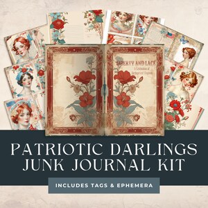 Kit di pagine di diario spazzatura Patriotic American Ladies, carte stampabili in stile vintage, bordi usurati, pagine di album dall'aspetto di carta riciclata, Ephemera