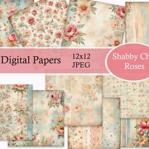 Shabby Chic Roses Digital Paper Kit Vol. 1, carte stampabili in stile vintage, bordi usurati, carta riciclata, carta per sfondo digitale, album di ritagli