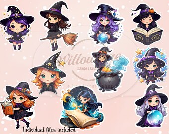 Cute Halloween Witch Sticker Set | Digital Download | Journals | Scrapbook | Planner Sticker | Commercial Use | Adorable Witch | Kitty | PNG