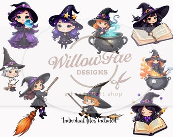 Cute Halloween Witch Clipart Set | Digital Download | Invitations | Scrapbook | Cardmaking | Commercial Use | Adorable Witch | Kitty | PNG