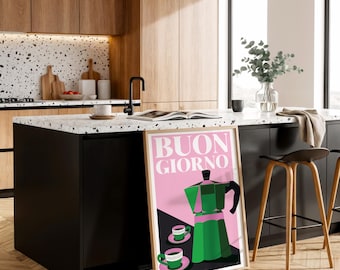 Impresión italiana de olla Moka, arte de cocina Buongiorno, decoración de café retro (UNFRAMED)