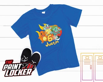 Anime Geburtstags-T-Shirt, Geburtstags-T-Shirt, Glumanda, Schiggy, Bisasam, Geburtstags-T-Shirt, Geburtstags-T-Shirt