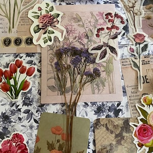 Mini sac à main mystérieux 20 pièces - autocollants - vintage - éphémères - papier - chutes - journalisation - scrapbooking - décalcomanies (FLEURS)