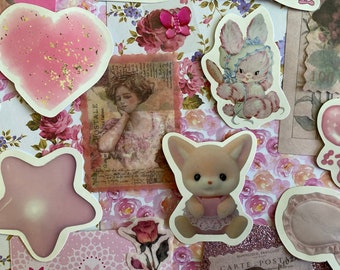 20pc Mini Junk Journal Mystery Grab Bag  - stickers - vintage - ephemera - paper - scraps - journaling - scrapbooking - decals (PINK)