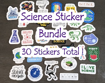 Science Sticker Bundle (30 Stickers Laminated for Scratch and Water Resistance, Longest Side 2in), Teachers/Student Sticker Gifts.