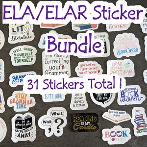 May include: A collection of 31 colorful stickers featuring book-themed puns and sayings. The stickers are arranged on a wooden surface. Some of the stickers include: "I've lost my shelf control", "Reading is my cardio", "Book Nerd", "Two, Too, To Two Donuts", "I read past my bedtime", "Stop Grammar Time", "What?", "A Book a Day Keeps Reality Away", "Book Lover", "Shhh... I'm reading", "Booked", "I like big books and I cannot lie", "You had me at your correct use of you're", "Spell check yourself before you wreck yourself", "I'm silently correcting your grammar", "Let's slow down a little", "They're it will be ok", "Just one more chapter", "Professional Bookworm", "My Weekend is Booked", "So many books, so little time", "Lit Literature", "Isn't hard to be a book nerd", "It's my thing", "Read more books".