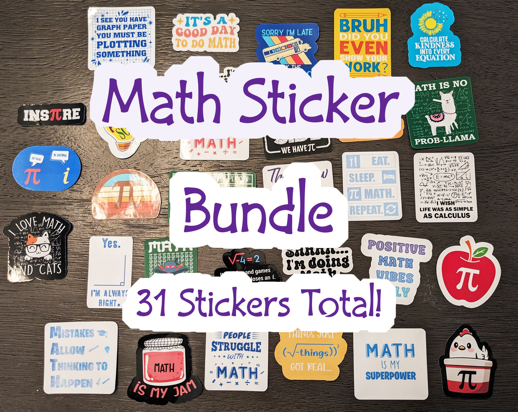 Math Sticker Bundle (31 Stickers Laminated for Scratch and Water Resistance, Longest Side 2in), Teachers/Student Sticker Gifts.