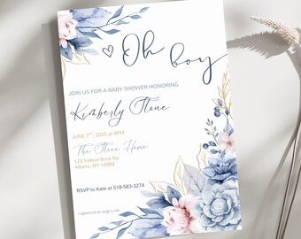 Oh Boy Baby Shower Invitation, Baby Shower Invitation, Blue Invite Printable, Editable Canva Template, Invitation Digital Download, Evite