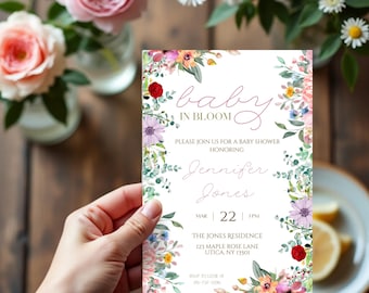 Baby in Bloom Invitation, Baby Shower Invitation, Flower Invite Printable, Editable Canva Template, Invitation Digital Download, Evite Canva