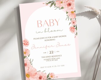 Baby in Bloom Invitation, Baby Shower Invitation, Pink Flower Invite Printable, Editable Canva Template, Invitation Digital Download, Evite