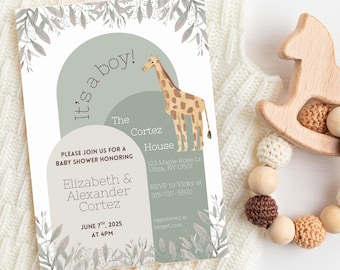 Its a Boy Baby Shower Invitation, Baby Shower Jungle Invitation, Sage Invite Printable, Canva Template, Invitation Digital Download, Evite