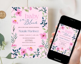 Baby in Bloom Invitation, Baby Shower Invitation, Pink Flower Invite Printable, Editable Canva Template, Invitation Digital Download, Evite