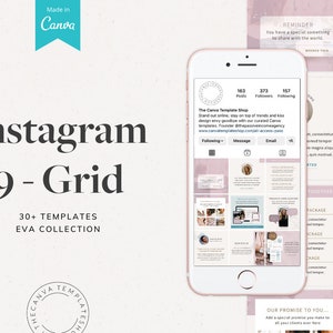 Könnte beinhalten: Eine rosa und weiße Instagram-Grid-Vorlage mit über 30 Vorlagen für die Eva-Kollektion. Die Vorlage zeigt einen Telefonbildschirm, auf dem ein Beispiel-Grid mit einem rosa und weißen Farbschema angezeigt wird. Der Text "The Canva Template Shop" ist auf dem Telefonbildschirm sichtbar. Der Text "Instagram 9-Grid" wird oben im Bild in großer Schrift angezeigt.